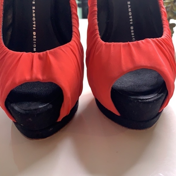 GIUSEPPE ZANOTTI watermelon Red Pleated Fabric Peep Toe Platform Pumps Heels 7 - Picture 4 of 10